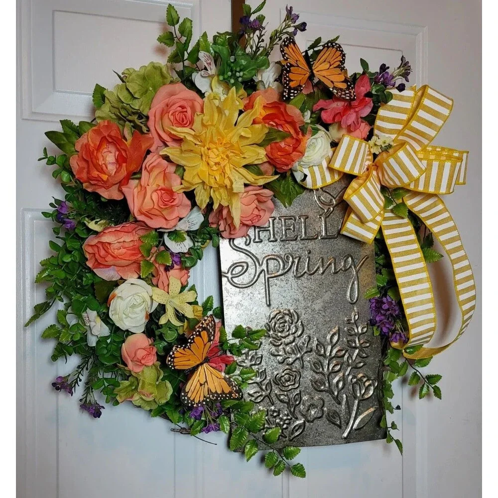 Hello Spring Butterfly Wreath, Spring Florals Grapevine, Floral Farmhouse Wreath